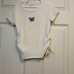 Self Esteem Cream Textured Top with Blue Butterfly